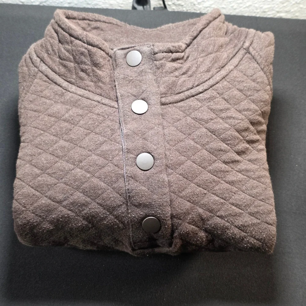 Eddie Bauer Men SZ M Brown Quilted Snap Neck Pullover Sweatshirt Kangaroo Pocket